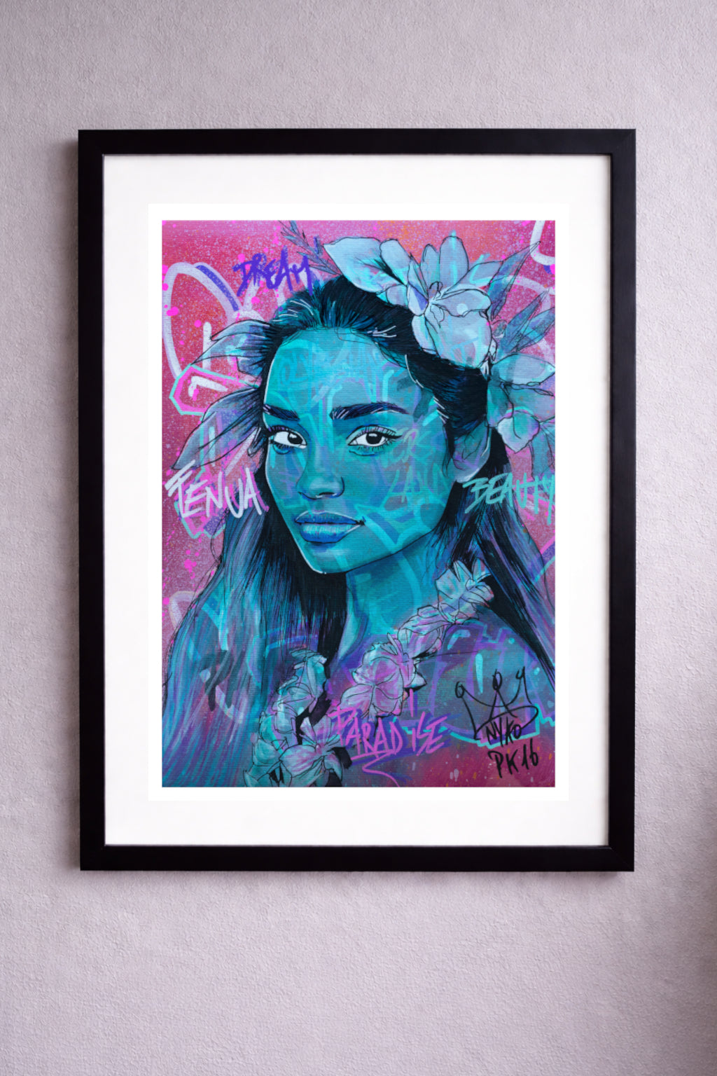 "BLUE VAIHINA " - A2 (42x59.4cm) AVEC SON CADRE 50x70cm