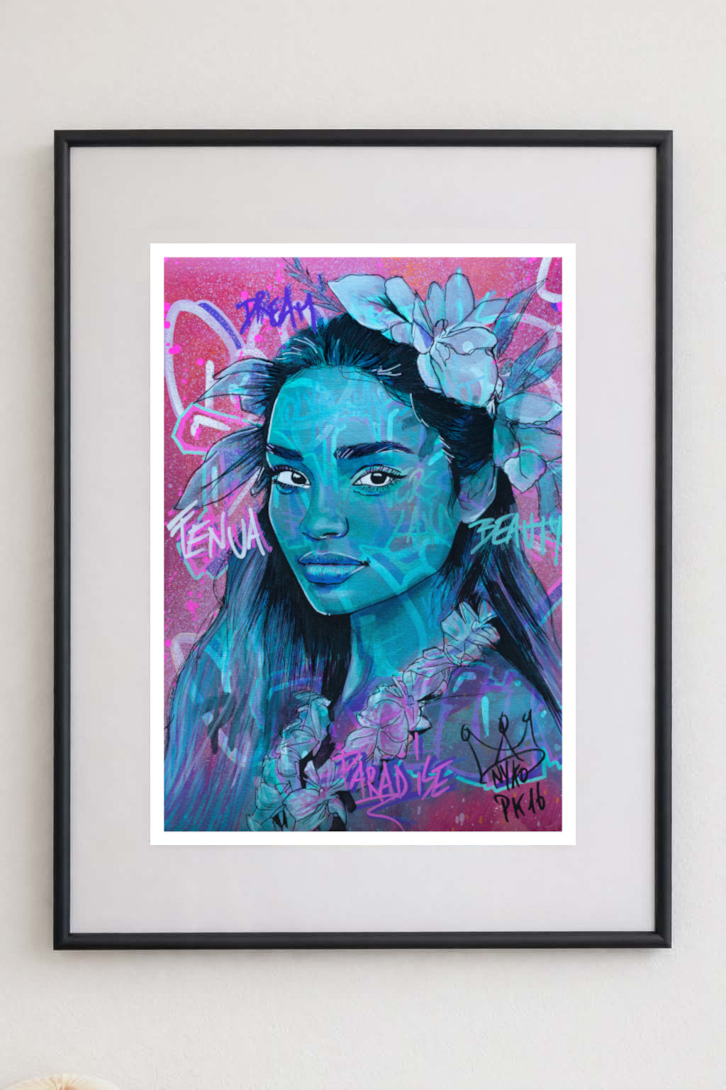 "BLUE VAIHINA " - A2 (42x59.4cm) AVEC SON CADRE 50x70cm