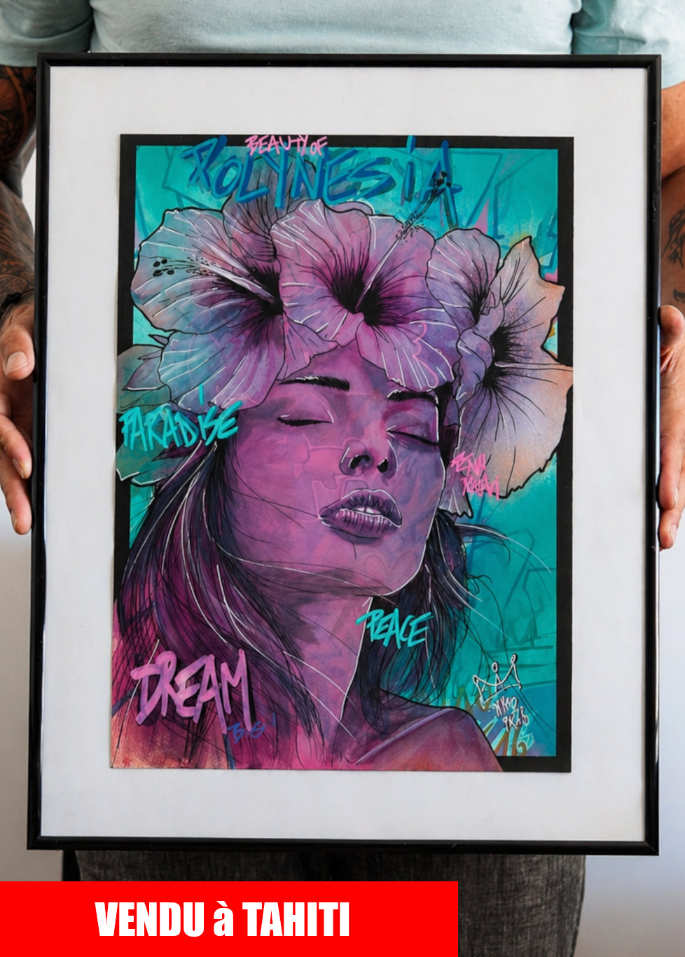 ORIGINAL "DREAMY VAHINE" Format A3 (29,7x42cm) - VENDU AVEC SON CADRE