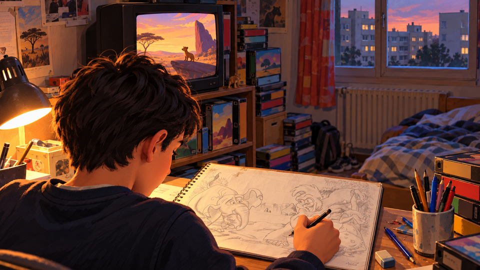 Illustration : Nyko enfant, très brun, dessine son dessin de Tarzan dans sa chambre à Toulouse, entouré de ses VHS Disney.