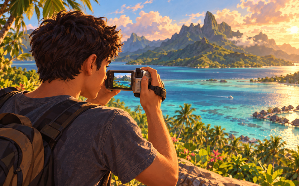Illustration : Nyko adolescent, très brun, filme le lagon de Tahiti avec un caméscope.