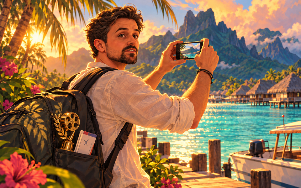 Illustration : jeune adulte, Nyko arrive à Tahiti et filme au téléphone, son premier trophée dans son sac.