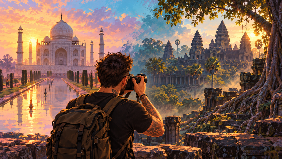 Illustration : Nyko filme ses voyages au Taj Mahal et aux temples d’Angkor.