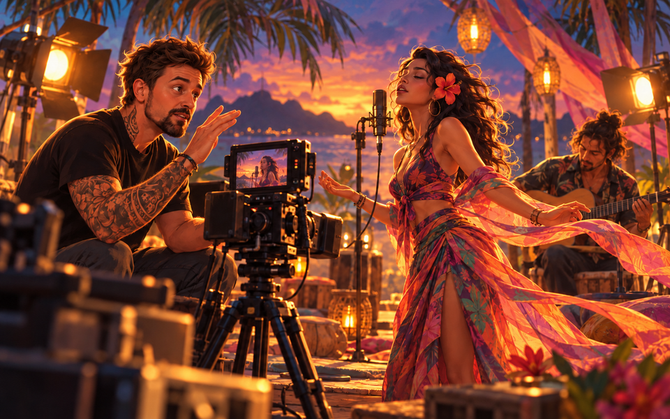 Illustration : Nyko dirige le tournage d’un clip avec une chanteuse et un musicien.
