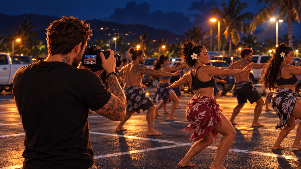 Illustration : Nyko filme un groupe de danse sur un parking à Tahiti, la nuit.