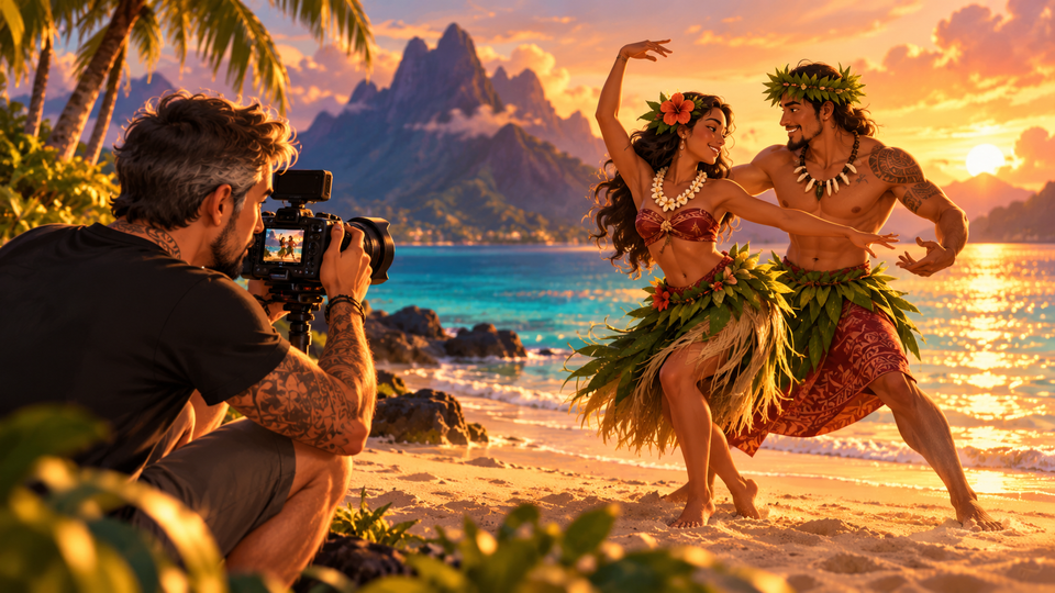 Illustration : un couple danse au bord du lagon devant la caméra de Nyko.